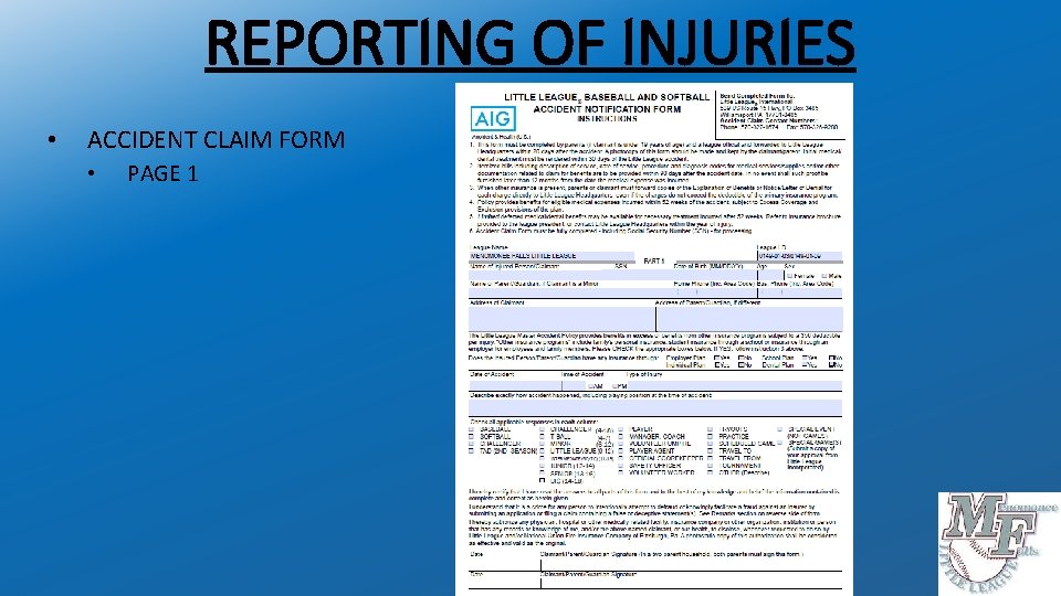 REPORTING OF INJURIES • ACCIDENT CLAIM FORM • PAGE 1 