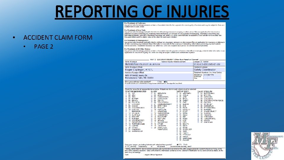 REPORTING OF INJURIES • ACCIDENT CLAIM FORM • PAGE 2 