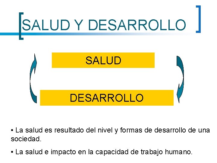 SALUD Y DESARROLLO SALUD DESARROLLO • La salud es resultado del nivel y formas SALUD Y DESARROLLO SALUD DESARROLLO • La salud es resultado del nivel y formas