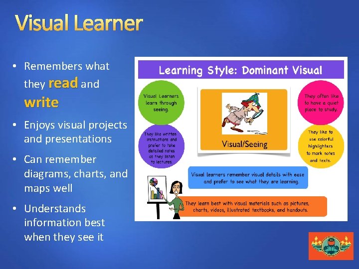 Visual Learner • Remembers what they read and write • Enjoys visual projects and