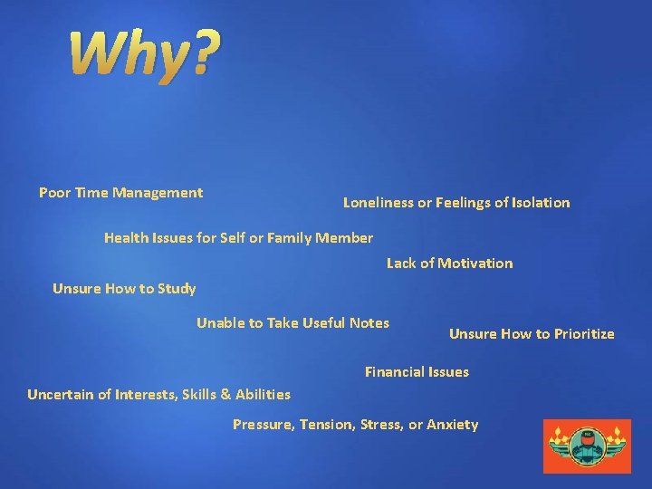 Why? Poor Time Management Loneliness or Feelings of Isolation Health Issues for Self or