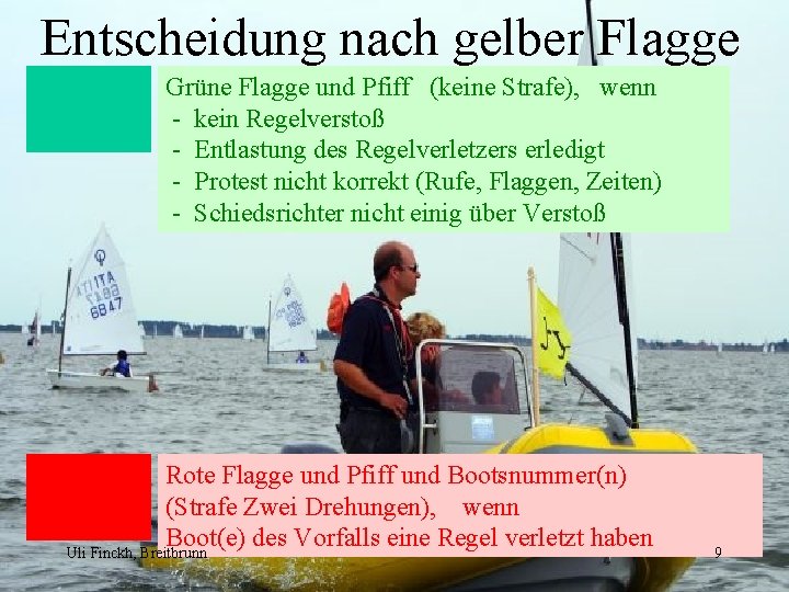 Entscheidung nach gelber Flagge Grüne Flagge und Pfiff (keine Strafe), wenn - kein Regelverstoß