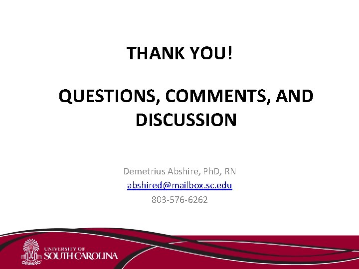 THANK YOU! QUESTIONS, COMMENTS, AND DISCUSSION Demetrius Abshire, Ph. D, RN abshired@mailbox. sc. edu