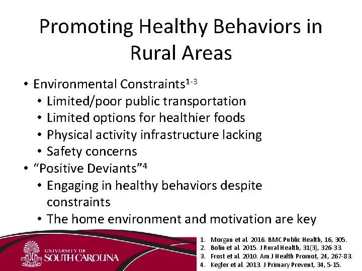 Promoting Healthy Behaviors in Rural Areas • Environmental Constraints 1 -3 • Limited/poor public