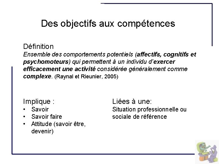 Des objectifs aux compétences Définition Ensemble des comportements potentiels (affectifs, cognitifs et psychomoteurs) qui