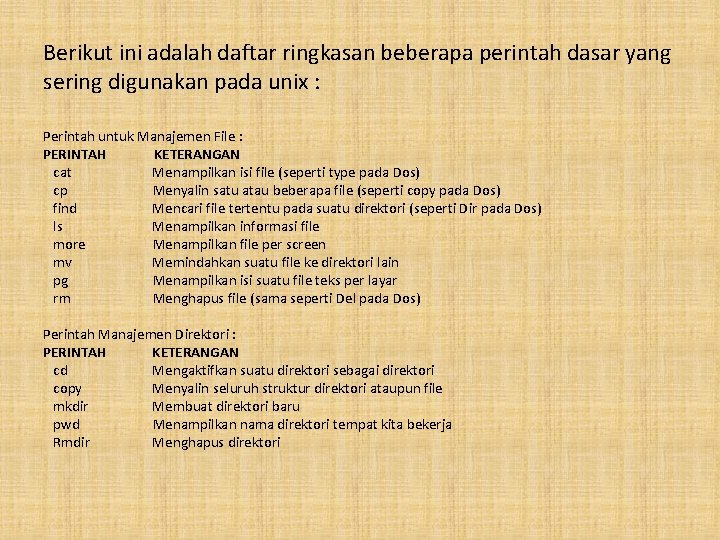 Berikut ini adalah daftar ringkasan beberapa perintah dasar yang sering digunakan pada unix :