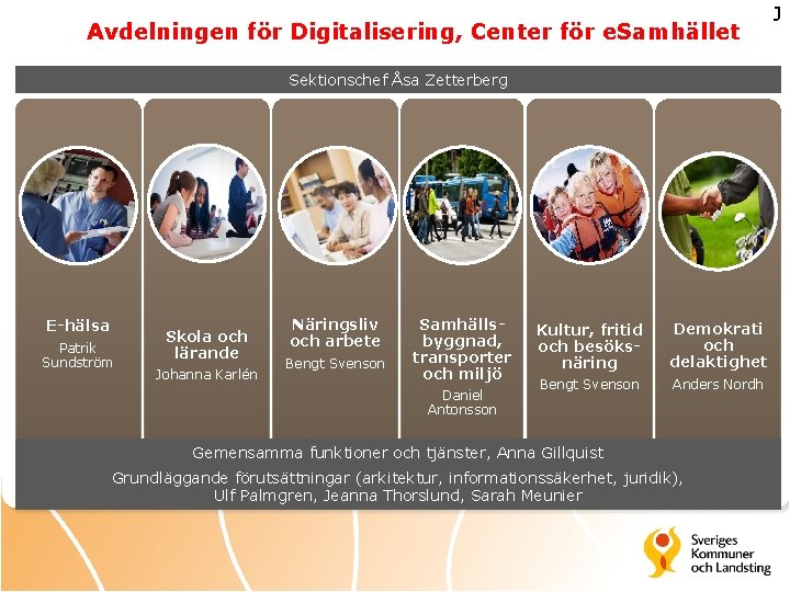 Avdelningen för Digitalisering, Center för e. Samhället Sektionschef Åsa Zetterberg E-hälsa Patrik Sundström Skola