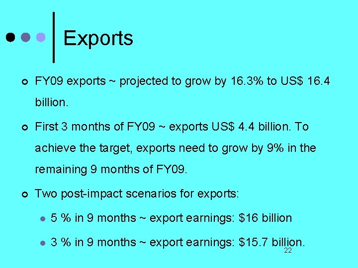 Exports ¢ FY 09 exports ~ projected to grow by 16. 3% to US$