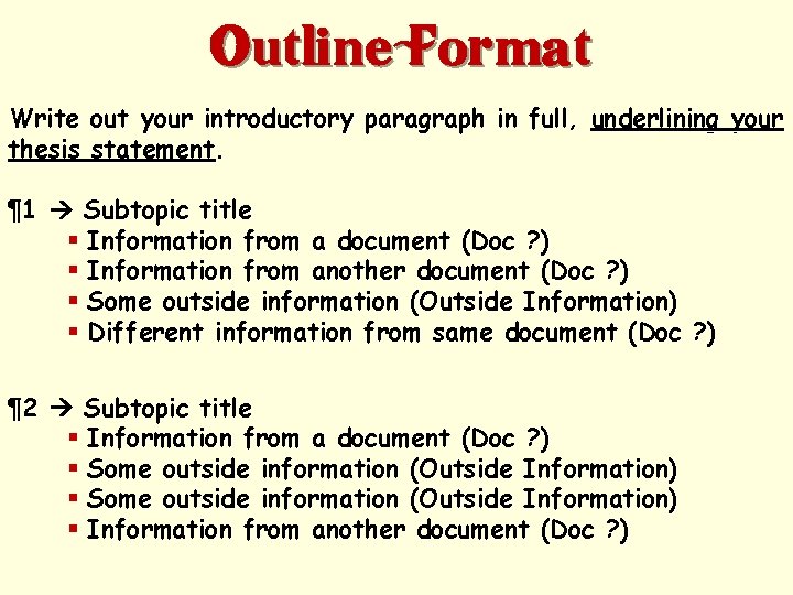 Outline Format Write thesis out your introductory paragraph in full, underlining your statement. ¶
