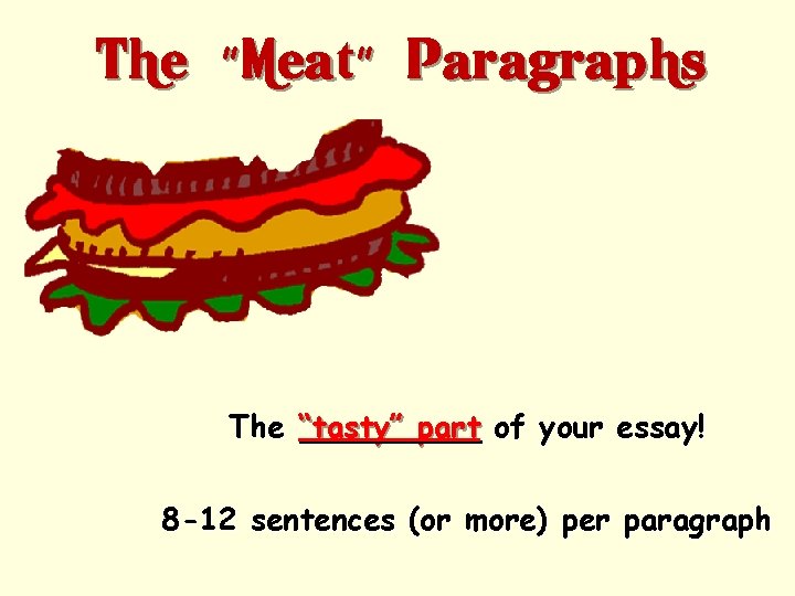 The “”Meat”” Paragraphs The “tasty” part of your essay! 8 -12 sentences (or more)