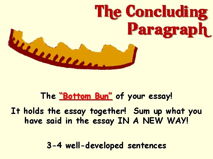 The Concluding Paragraph The “Bottom Bun” of your essay! It holds the essay together!