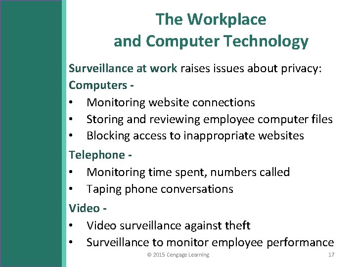 The Workplace and Computer Technology Surveillance at work raises issues about privacy: Computers •