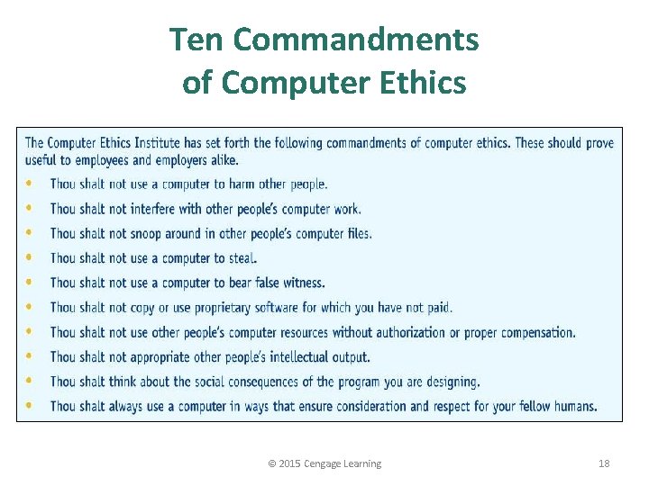 Ten Commandments of Computer Ethics © 2015 Cengage Learning 18 