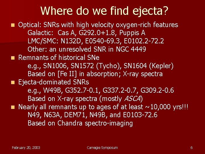 Where do we find ejecta? Optical: SNRs with high velocity oxygen-rich features Galactic: Cas