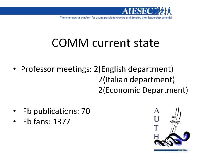 COMM current state • Professor meetings: 2(English department) 2(Italian department) 2(Economic Department) • Fb