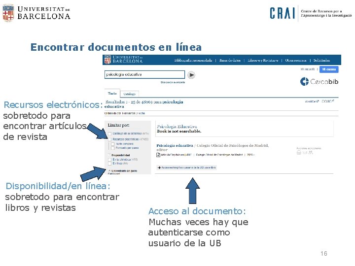 Encontrar documentos en línea Recursos electrónicos: sobretodo para encontrar artículos de revista Disponibilidad/en línea: