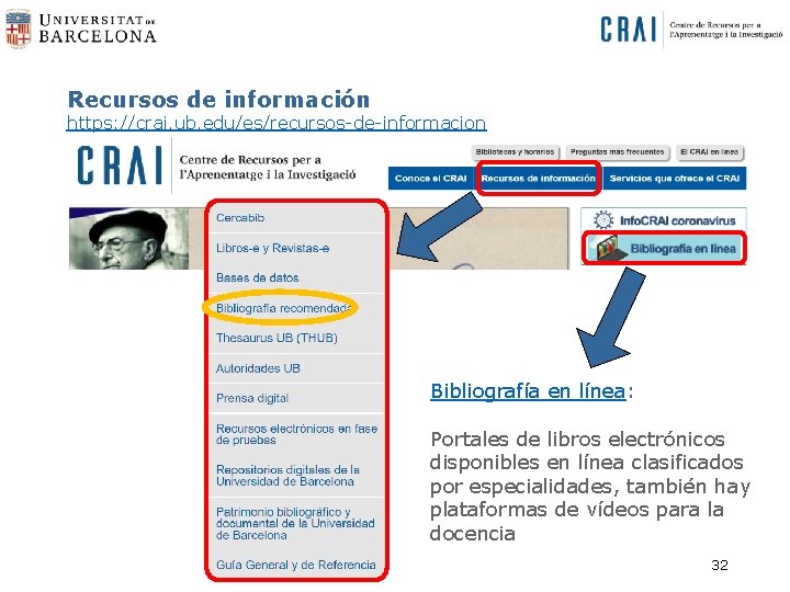 Recursos de información https: //crai. ub. edu/es/recursos-de-informacion Bibliografía en línea: Portales de libros electrónicos