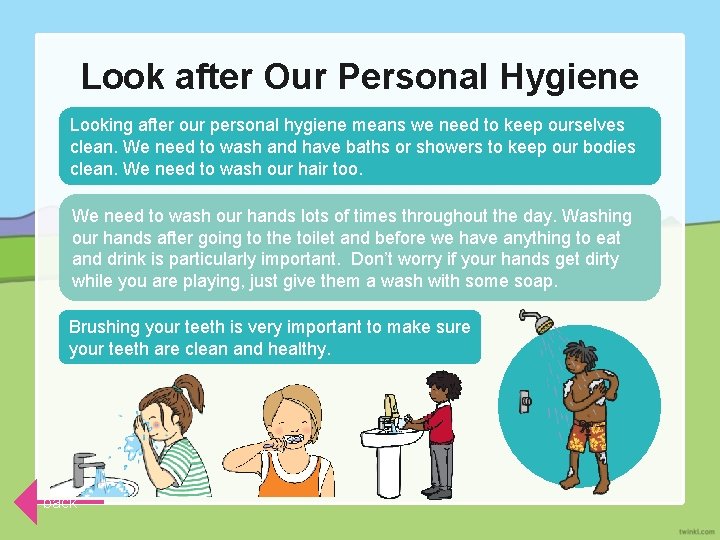 Look after Our Personal Hygiene Looking after our personal hygiene means we need to