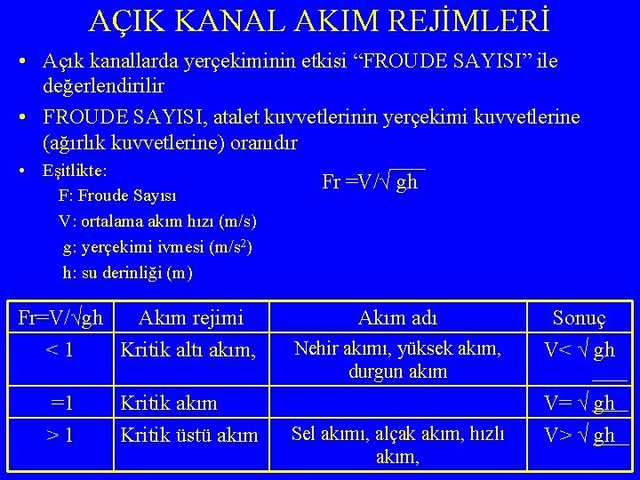 AÇIK KANAL AKIM REJİMLERİ • Açık kanallarda yerçekiminin etkisi “FROUDE SAYISI” ile değerlendirilir •