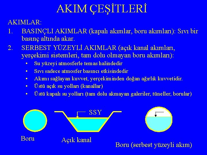 AKIM ÇEŞİTLERİ AKIMLAR: 1. BASINÇLI AKIMLAR (kapalı akımlar, boru akımları): Sıvı bir basınç altında