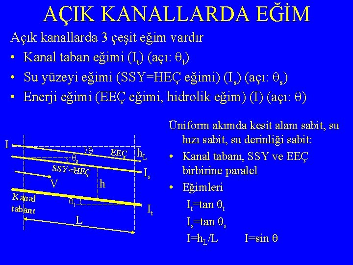 AÇIK KANALLARDA EĞİM Açık kanallarda 3 çeşit eğim vardır • Kanal taban eğimi (It)