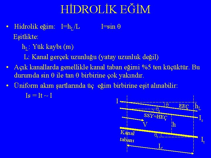 HİDROLİK EĞİM • Hidrolik eğim: I=h. L/L I=sin Eşitlikte: h. L: Yük kaybı (m)