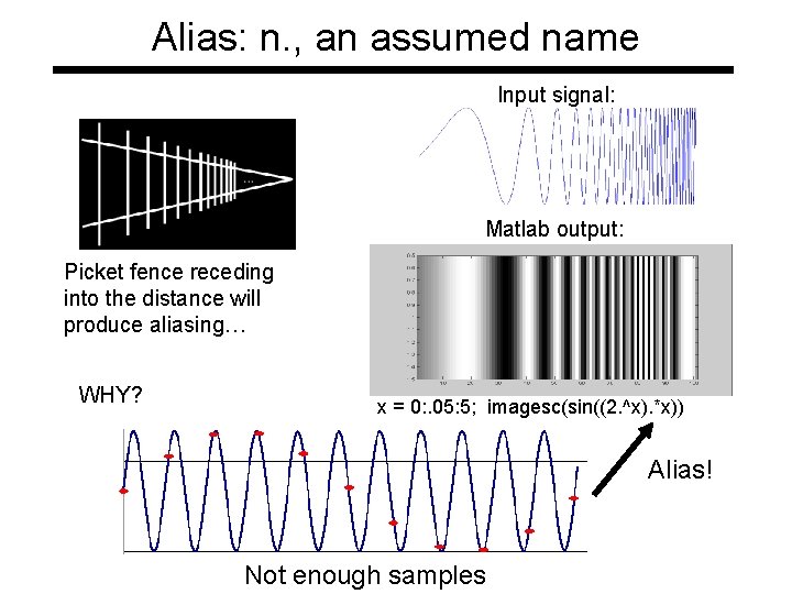 Alias: n. , an assumed name Input signal: Matlab output: Picket fence receding into