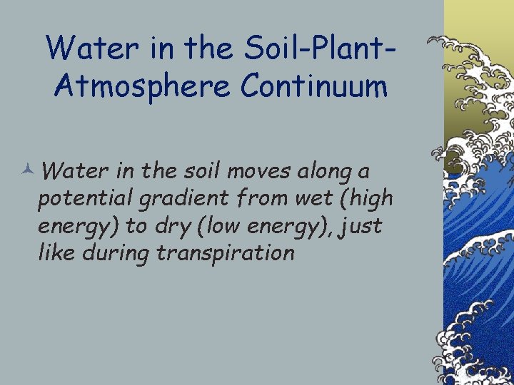 Water in the Soil-Plant. Atmosphere Continuum ©Water in the soil moves along a potential