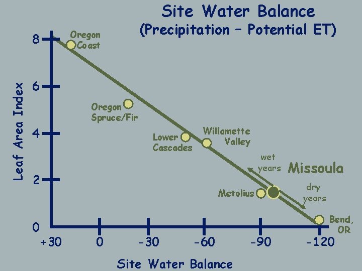Site Water Balance 8 Leaf Area Index (Precipitation – Potential ET) Oregon Coast 6