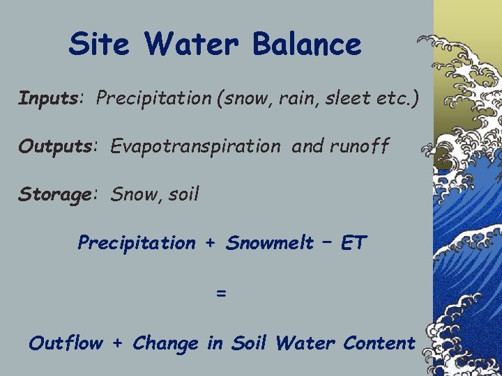 Site Water Balance Inputs: Precipitation (snow, rain, sleet etc. ) Outputs: Evapotranspiration and runoff