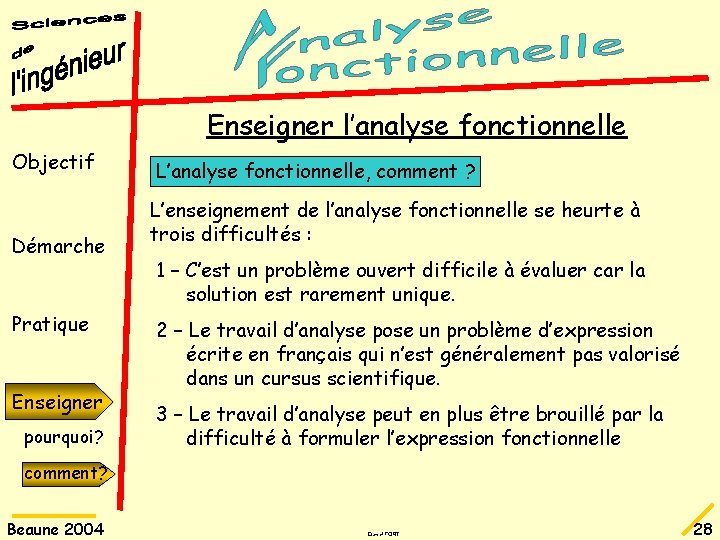 Enseigner l’analyse fonctionnelle Objectif Démarche Pratique Enseigner pourquoi? L’analyse fonctionnelle, comment ? L’enseignement de