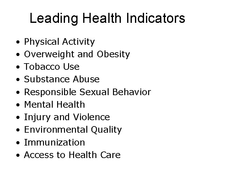 Leading Health Indicators • • • Physical Activity Overweight and Obesity Tobacco Use Substance