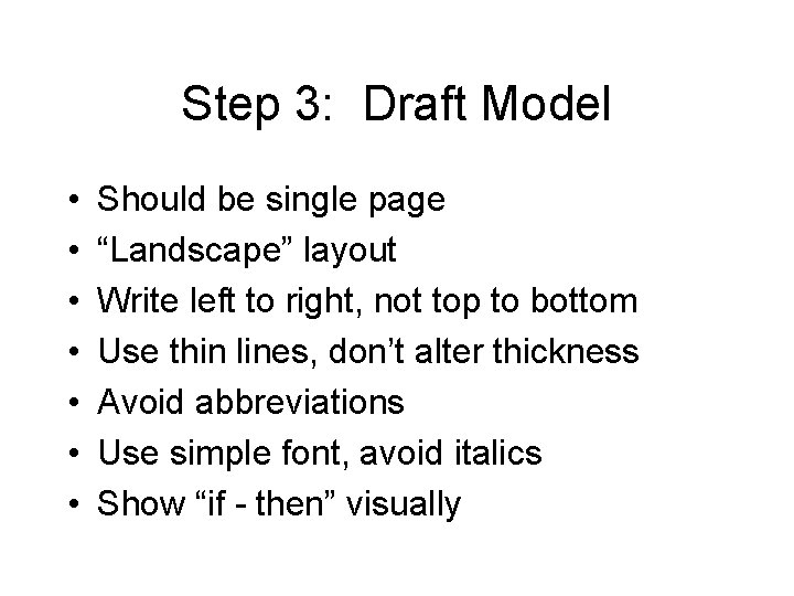 Step 3: Draft Model • • Should be single page “Landscape” layout Write left