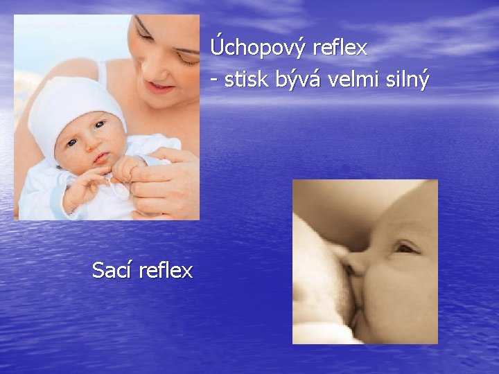  Úchopový reflex - stisk bývá velmi silný Sací reflex 