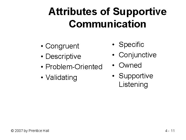 Attributes of Supportive Communication • Congruent • Descriptive • Problem-Oriented • Validating © 2007