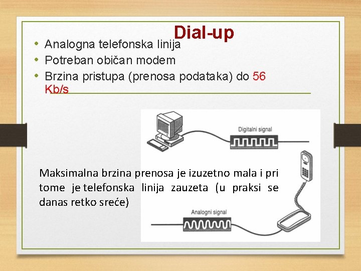 Dial-up • Analogna telefonska linija • Potreban običan modem • Brzina pristupa (prenosa podataka)