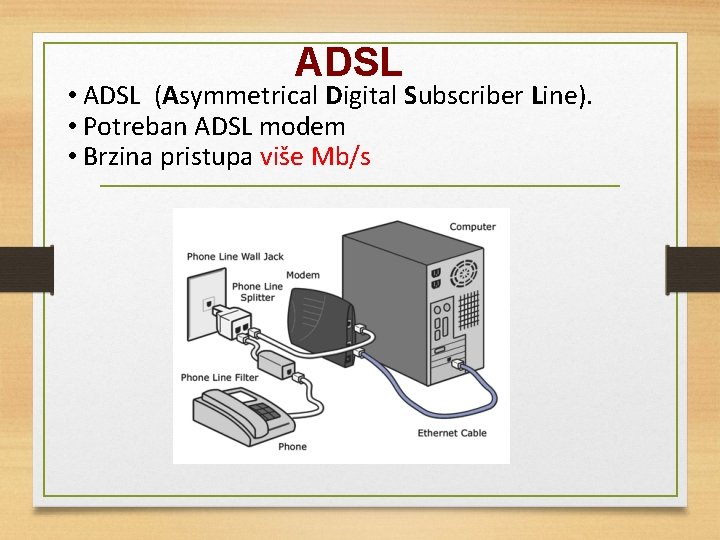 ADSL • ADSL (Asymmetrical Digital Subscriber Line). • Potreban ADSL modem • Brzina pristupa