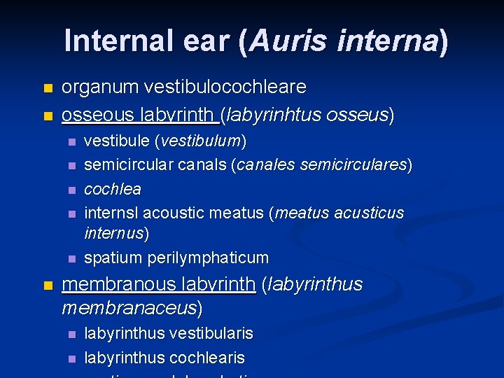 Internal ear (Auris interna) n n organum vestibulocochleare osseous labyrinth (labyrinhtus osseus) n n