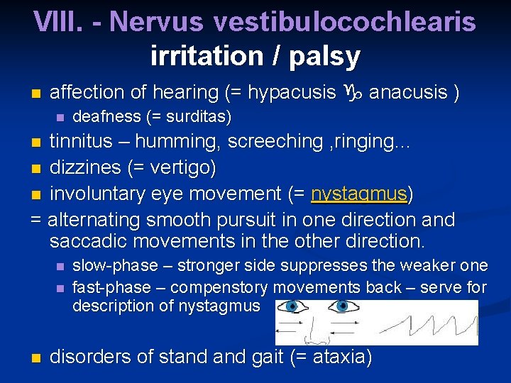 VIII. - Nervus vestibulocochlearis irritation / palsy n affection of hearing (= hypacusis anacusis