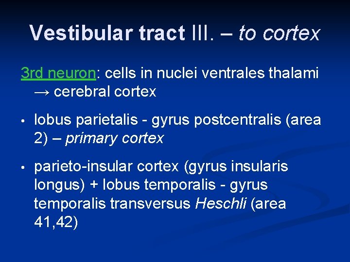 Vestibular tract III. – to cortex 3 rd neuron: cells in nuclei ventrales thalami Vestibular tract III. – to cortex 3 rd neuron: cells in nuclei ventrales thalami