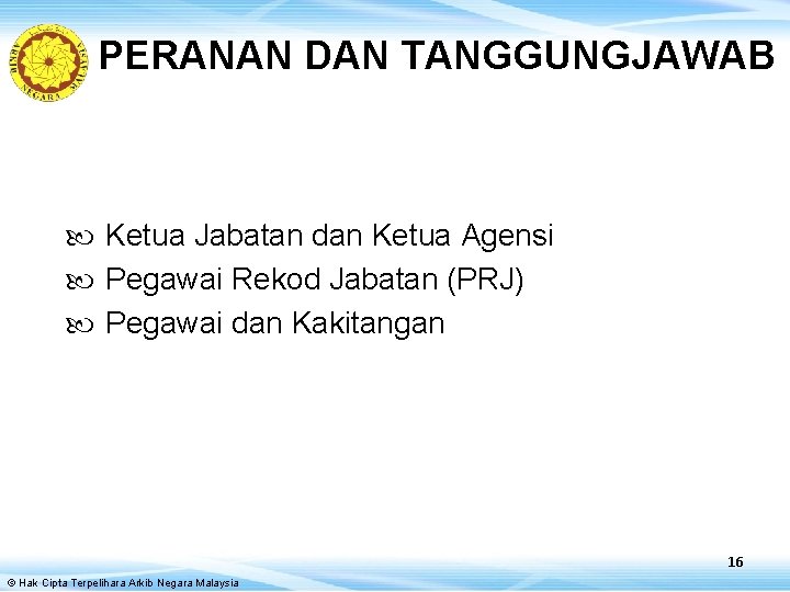 PERANAN DAN TANGGUNGJAWAB Ketua Jabatan dan Ketua Agensi Pegawai Rekod Jabatan (PRJ) Pegawai dan