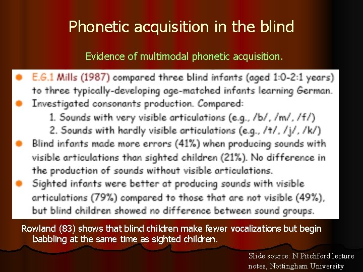 Phonetic acquisition in the blind Evidence of multimodal phonetic acquisition. Rowland (83) shows that