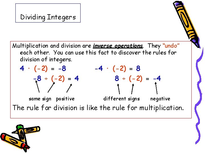Dividing Integers Multiplication and division are inverse operations. They “undo” each other. You can