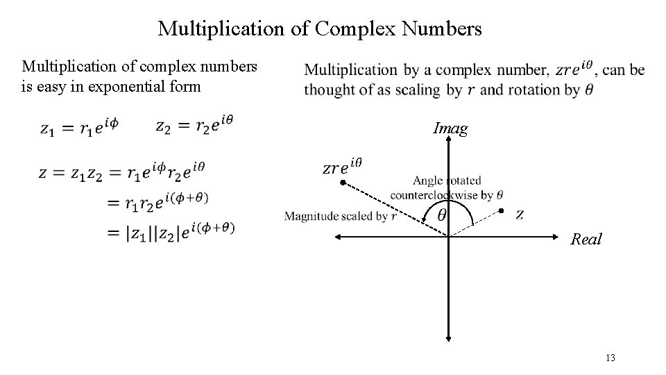 Multiplication of Complex Numbers Multiplication of complex numbers is easy in exponential form Imag