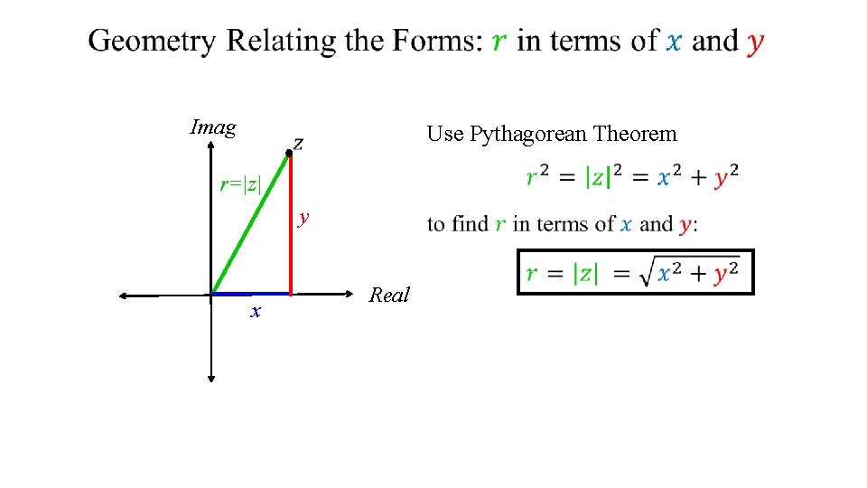  Imag Use Pythagorean Theorem r=|z| y x Real 