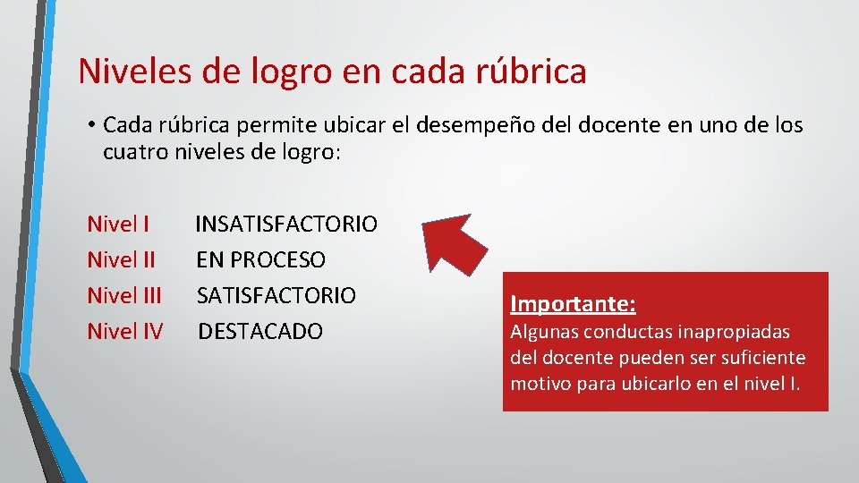 Niveles de logro en cada rúbrica • Cada rúbrica permite ubicar el desempeño del