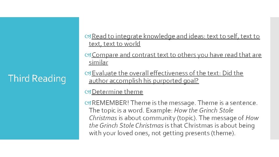  Read to integrate knowledge and ideas: text to self, text to text, text