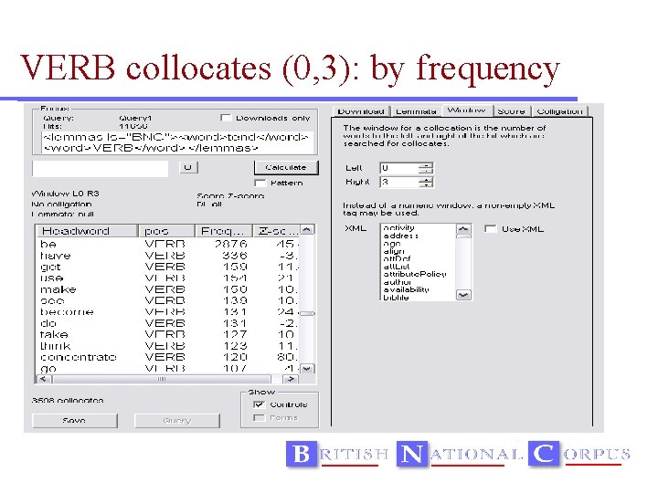 VERB collocates (0, 3): by frequency 