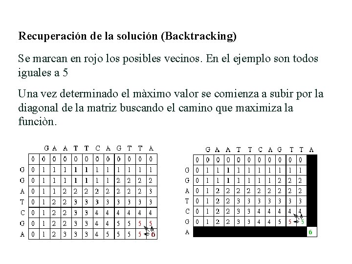Recuperación de la solución (Backtracking) Se marcan en rojo los posibles vecinos. En el