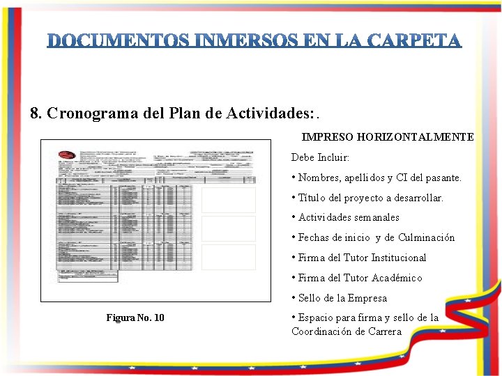 8. Cronograma del Plan de Actividades: . IMPRESO HORIZONTALMENTE Debe Incluir: • Nombres, apellidos